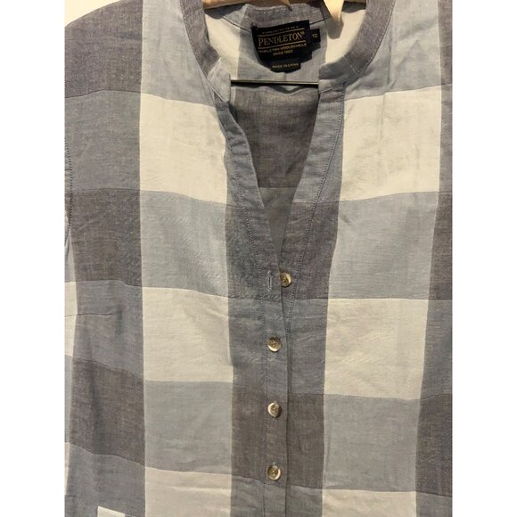 Pendleton Womens Dress 12 Gray Blue Gingham Plaid Linen Blend Button Front Midi - Picture 10 of 10